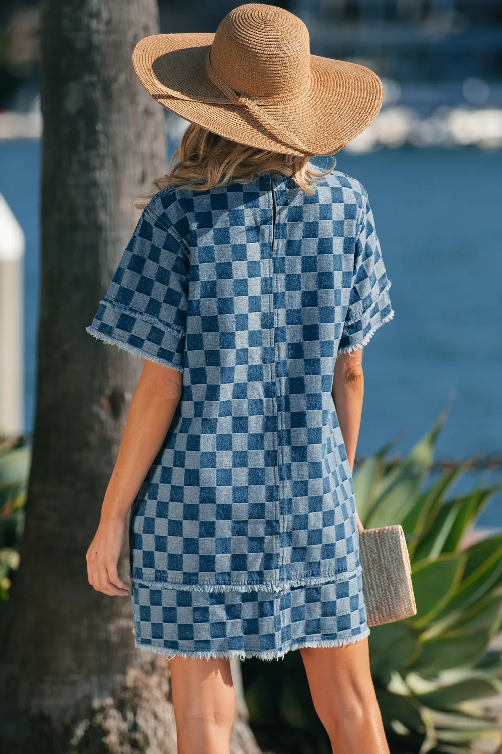 Blue Checkered Denim Mini Dress
