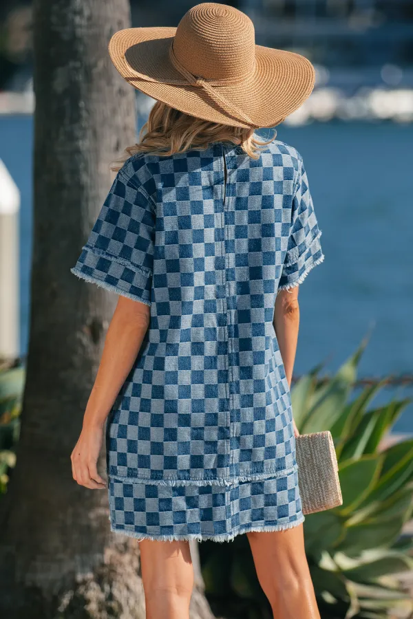 Blue Checkered Denim Mini Dress