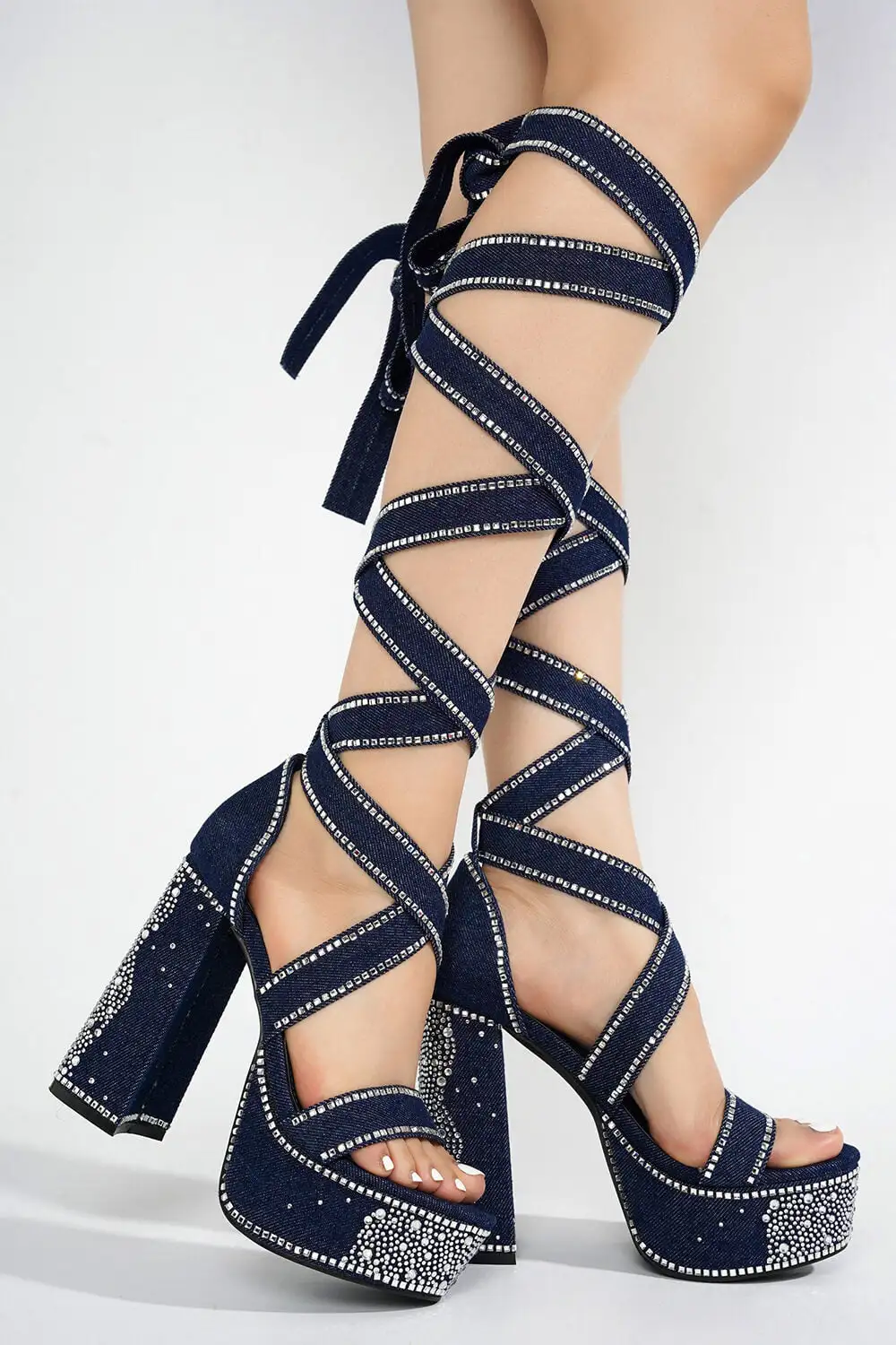 Rhinestone Embellished Lace Up Chunky