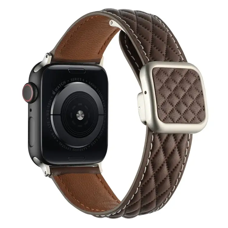 Rhombus Pattern Magnetic Square Buckle Leather Watch Band for Watch SE 2022 44 mm - Dark Coffee