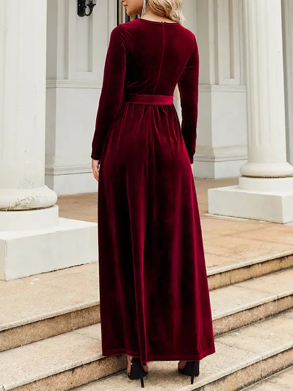 Pleated Wrap Belted Long Neck Maxi Dress