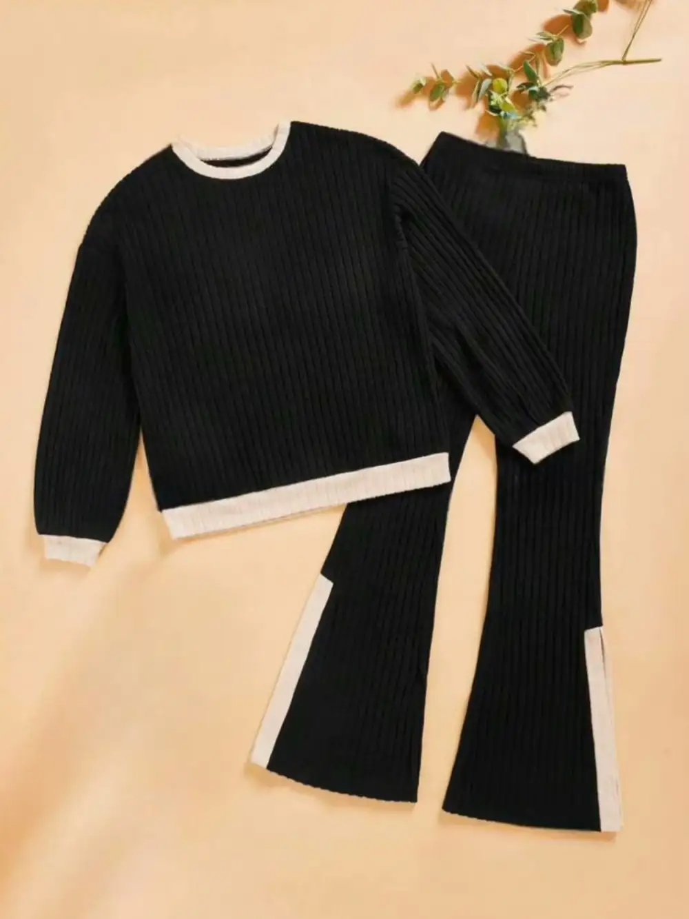 Contrast Round Neck Long Sleeve Top And Bootcut Pants Set
