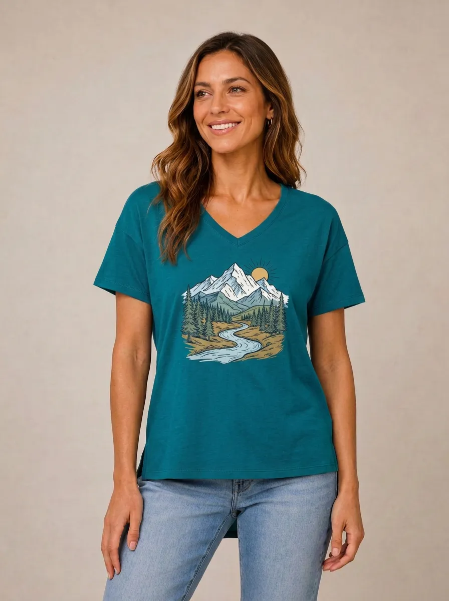 Women's Mountain River Forest Relaxed Graphic V-Neck T-Shirt