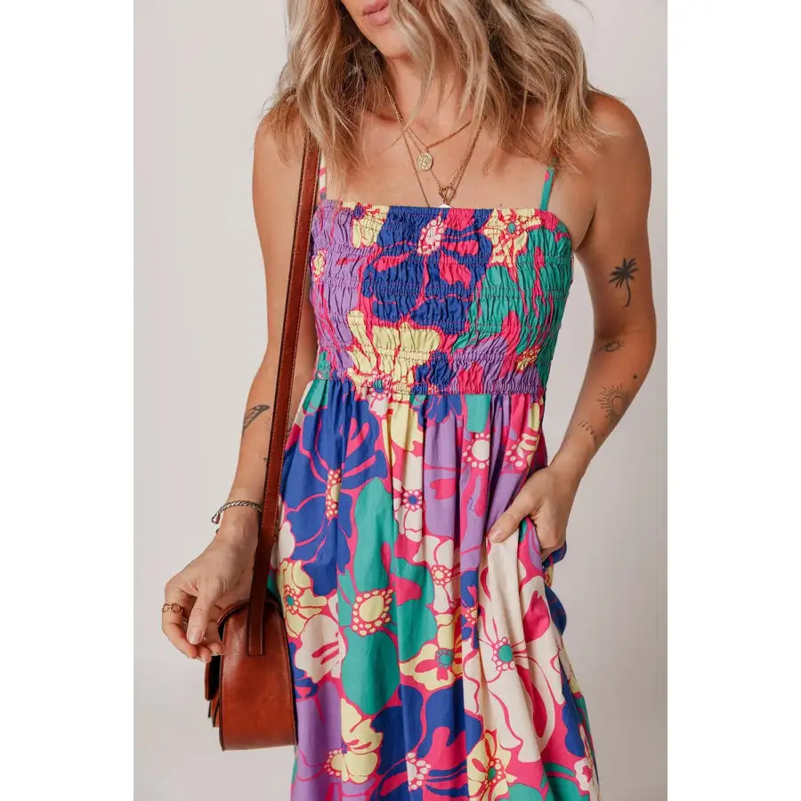 Floral Print Shirred Spaghetti Strap Loose Maxi Dress