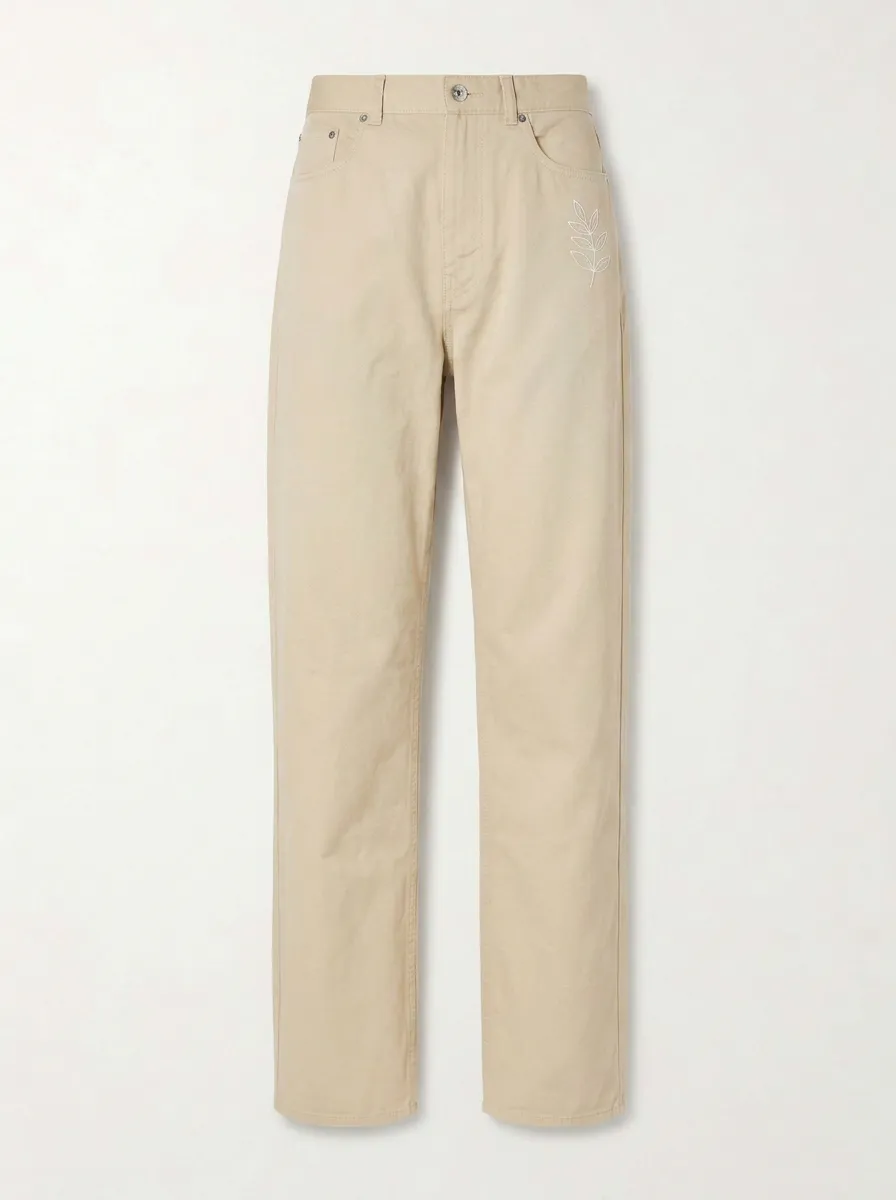 Women's Minimalist Nature Lover Leaf Embroidered Mid-Rise Straight Leg Pants