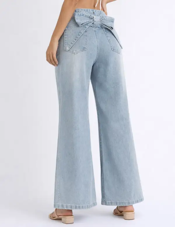 Chic Detachable Bow Rhinestone Wide Leg Denim Pants
