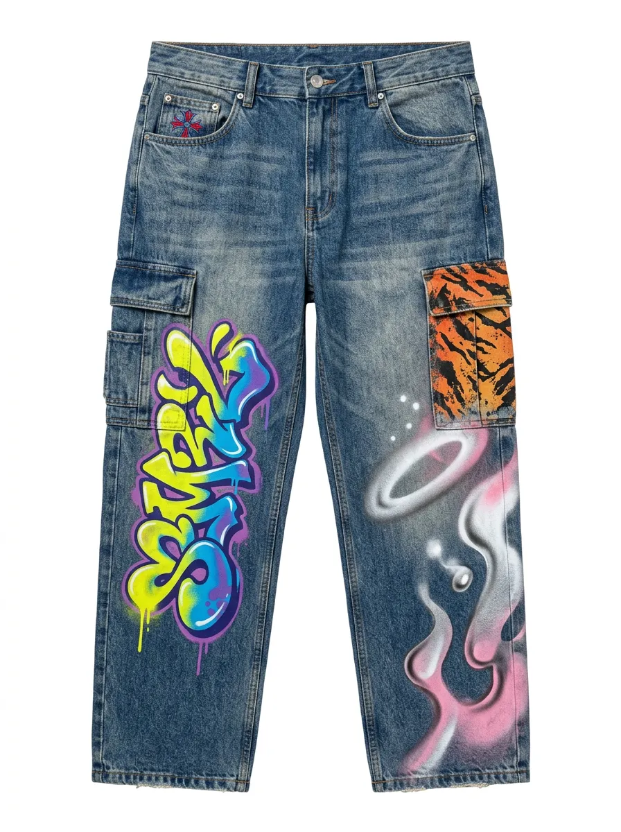 Men's Streetwear Graffiti Tiger Print Graphic Fusion Cargo Jeans