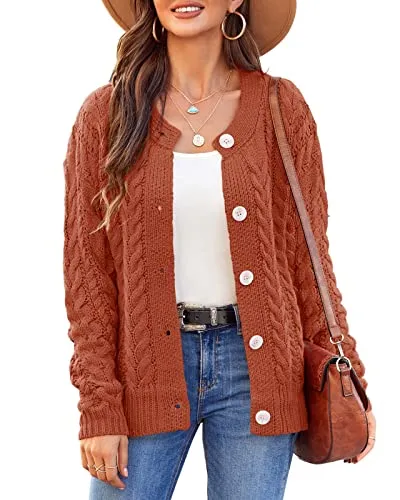 Women Loose Long Sleeve Crewneck Cable Knit Sweater Open Front Button Down Cardigan Soft Chunky Rid Outwear Coat