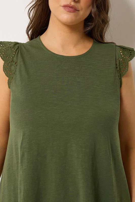 Khaki Green Broderie Frill Vest Top detail 4