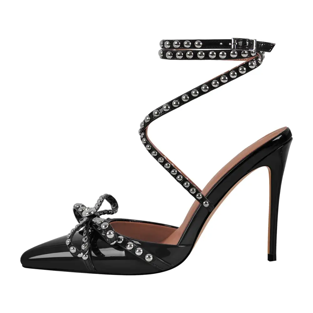 Sleek Rivet Pointed Toe Stiletto Ankle Strap Pumps