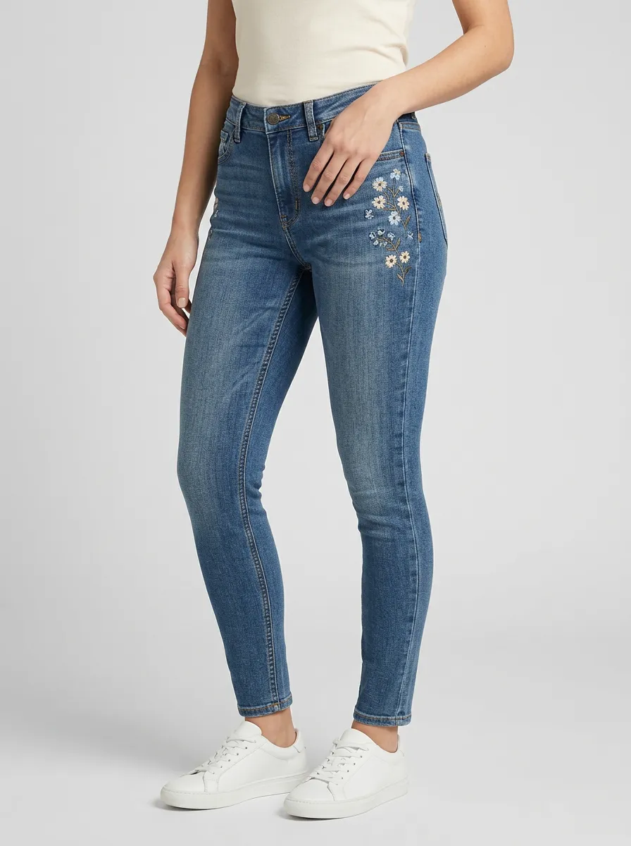Women's Floral Blue Denim Embroidered Slim-Fit Jeans