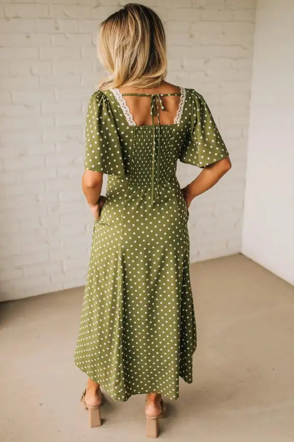 Polka Dot Print Lacy Neckline Smocked High Waist Maxi