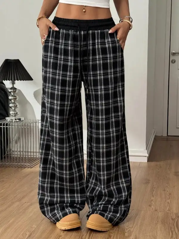 Plaid Wide Leg Pants With Elastic Waistband