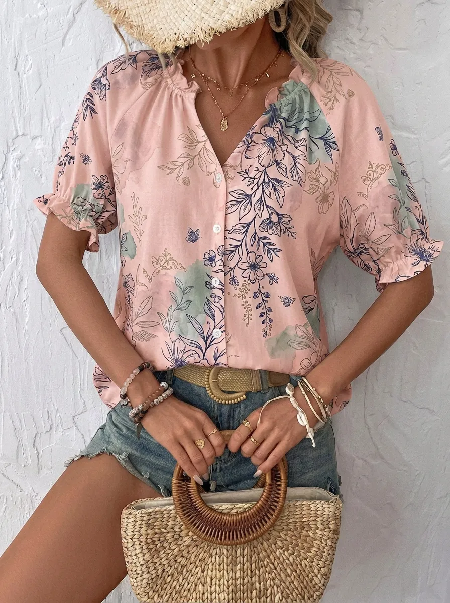 Women's Floral Butterfly Botanical Printed V-Neck Blouse