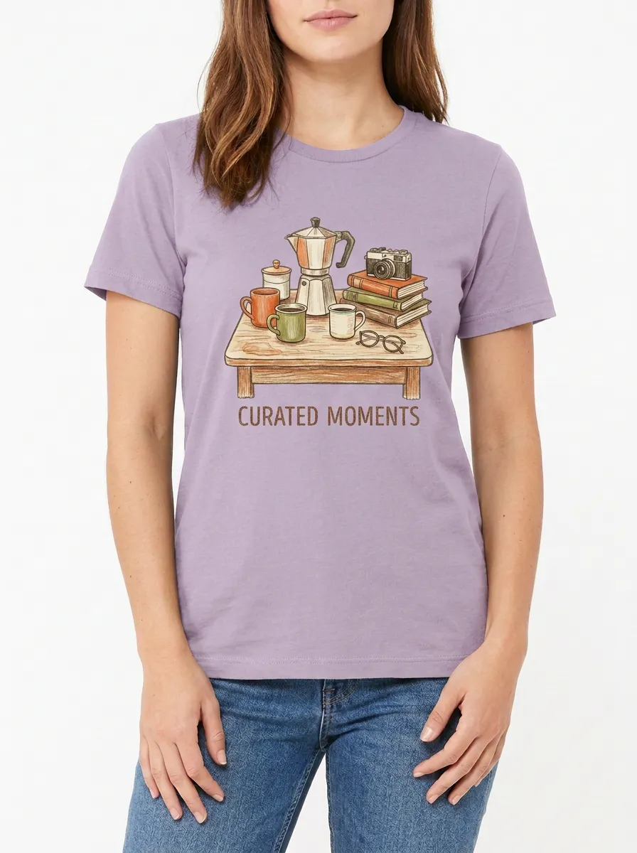 Women's Coffee Book Camera Lover Curated Moments Graphic T-Shirt
