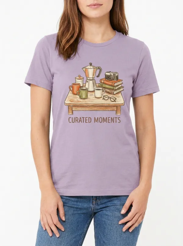 Women's Coffee Book Camera Lover Curated Moments Graphic T-Shirt