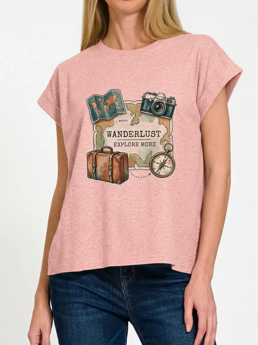 Women's Travel Wanderlust Map Camera Graphic T-Shirt