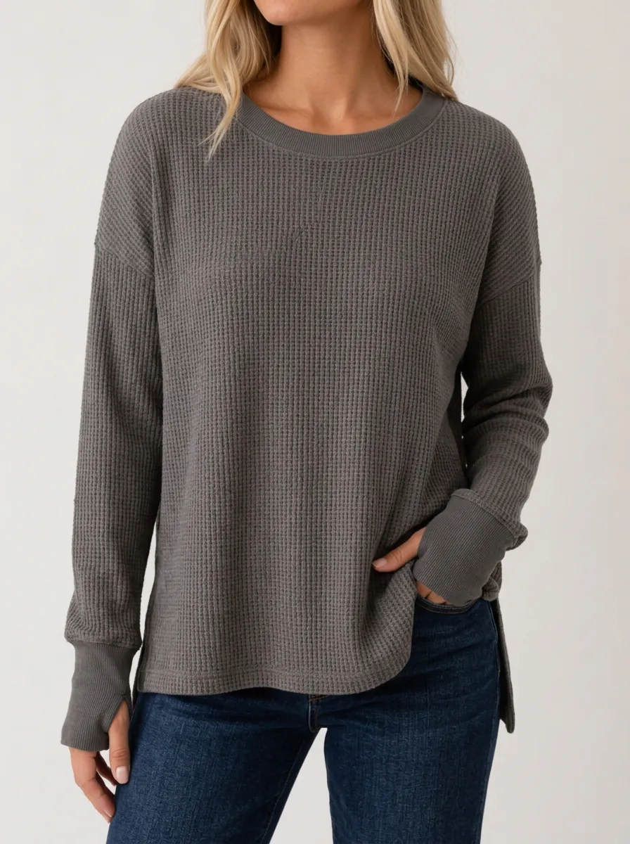 Women's Charcoal Grey Waffle Knit Thumbhole Long Sleeve Top