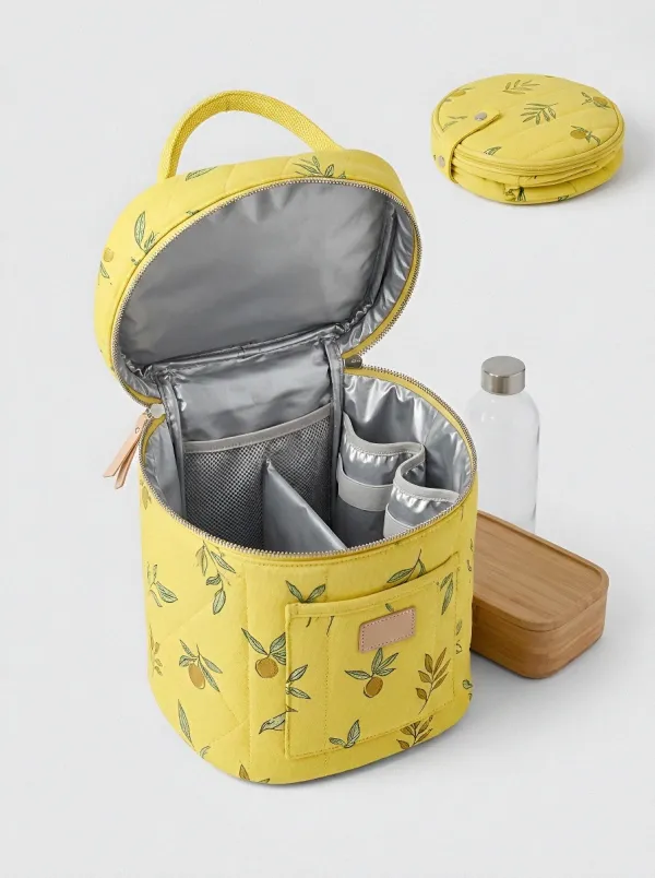 Botanical Lemon Pattern Quilted Insulated Lunch Bag