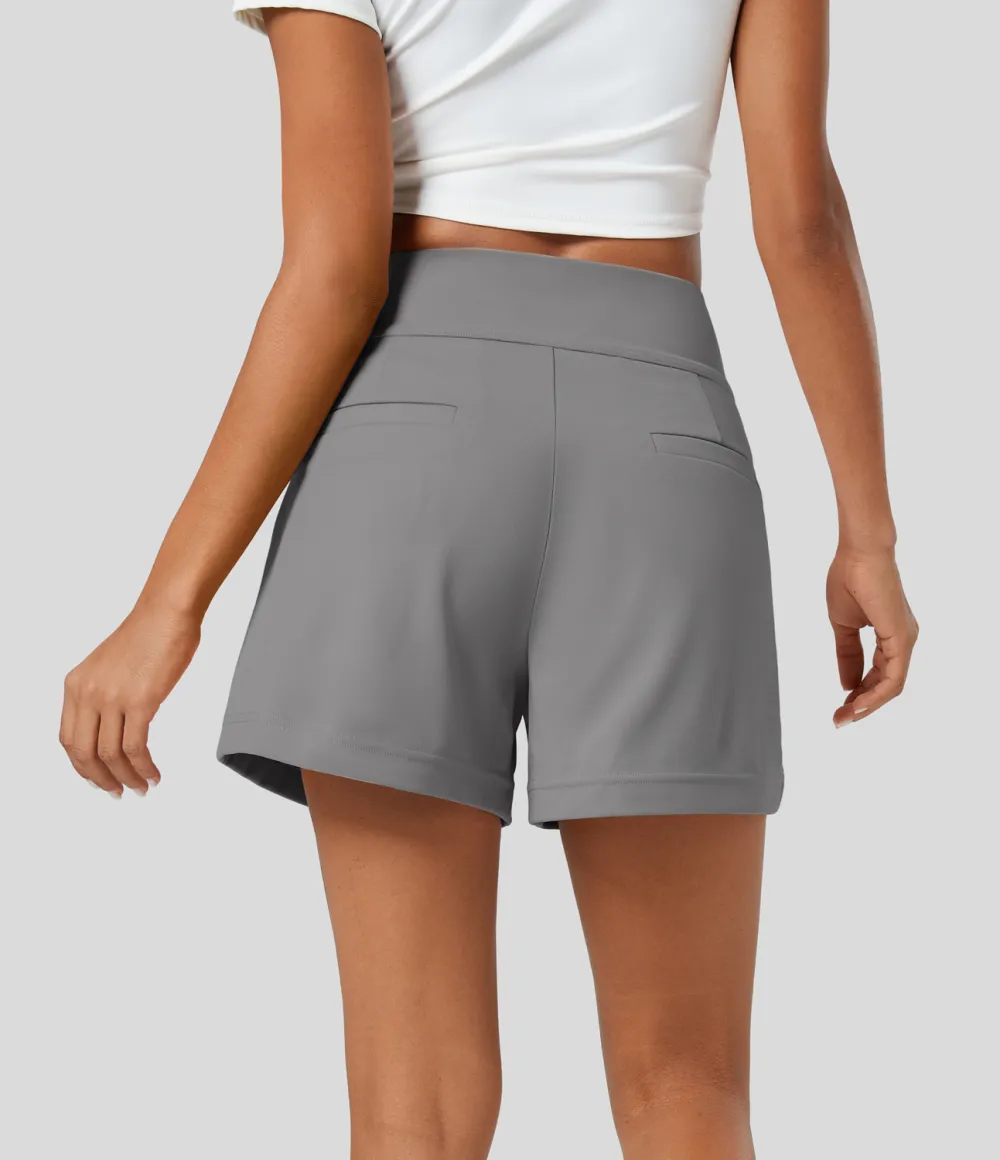 High Waisted Plicated Side Pocket Wide Leg Work Shorts