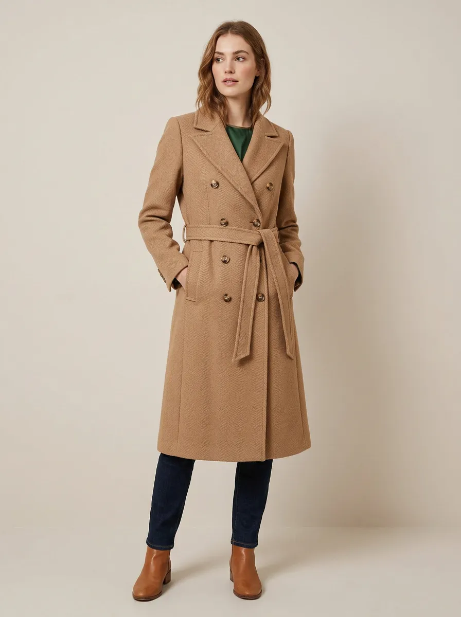 Women's Sierra Camel Double-Breasted Belted Wool Blend Trench Coat