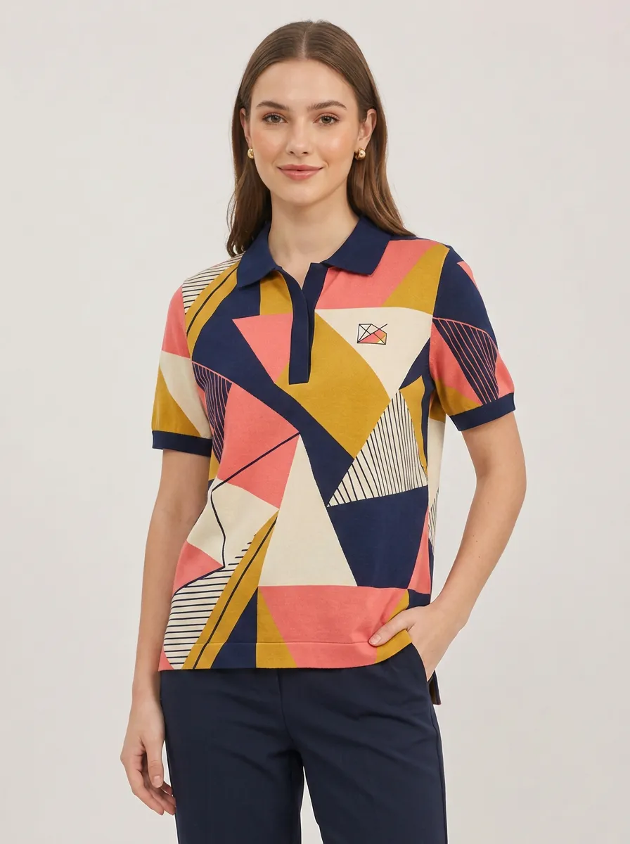 Women's Geometric Art Lover Abstract Pattern Printed Polo Shirt