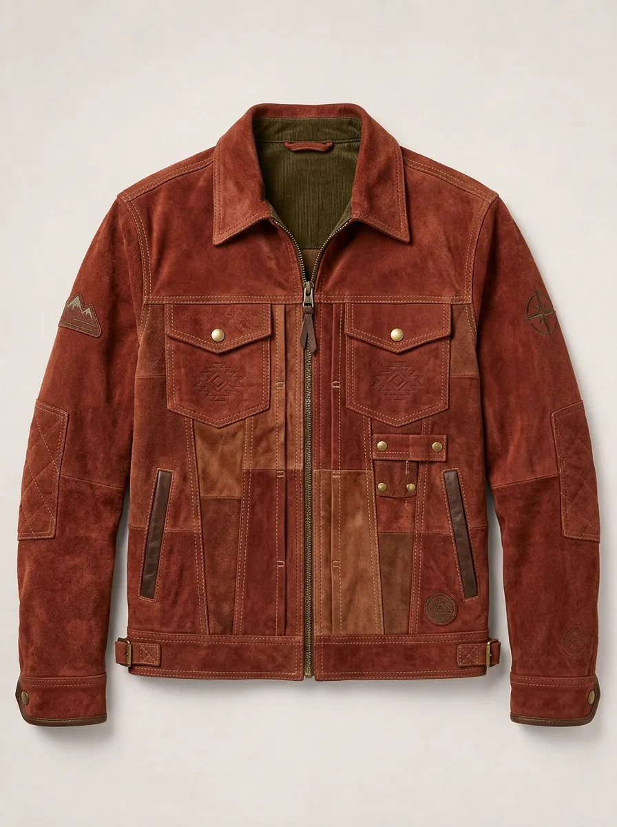 Men's Outdoor Adventure Southwest Pattern Embossed Suede Jacket