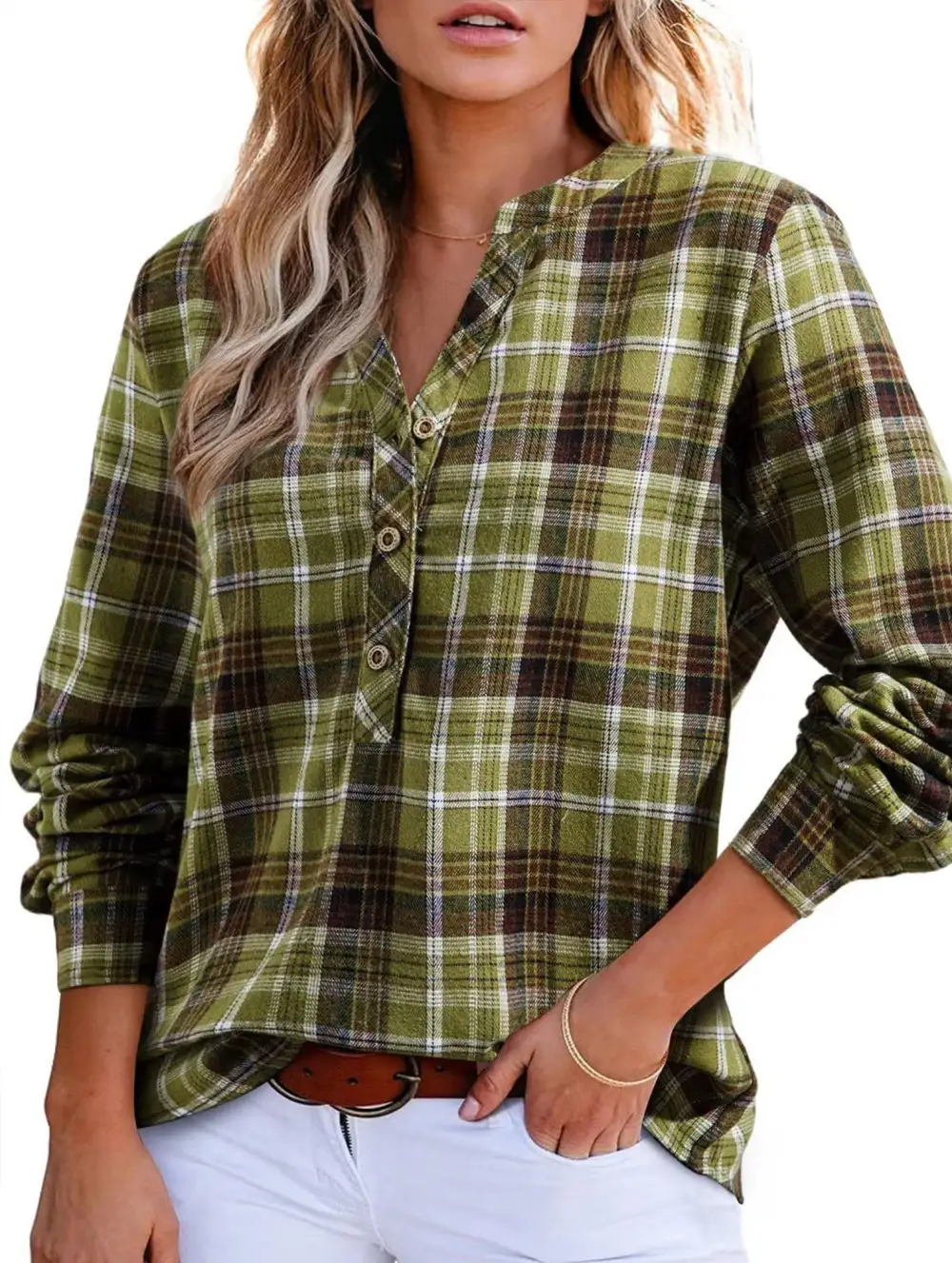 V Neck Plaid Button Shirt