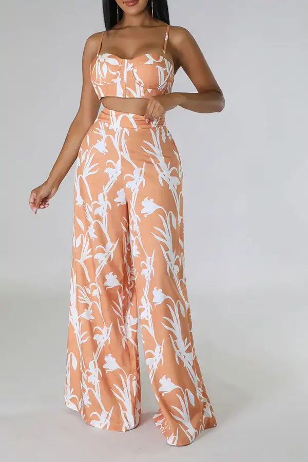 Floral Print Wide-Leg Spaghetti Strap Pant Set