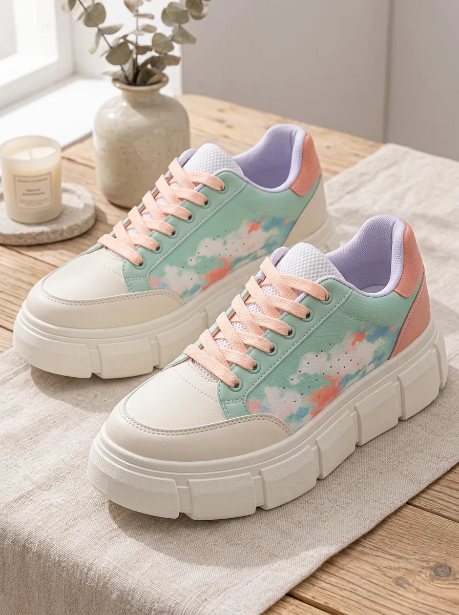 Women's Pastel Cloud Tie-Dye Printed Platform Sneakers
