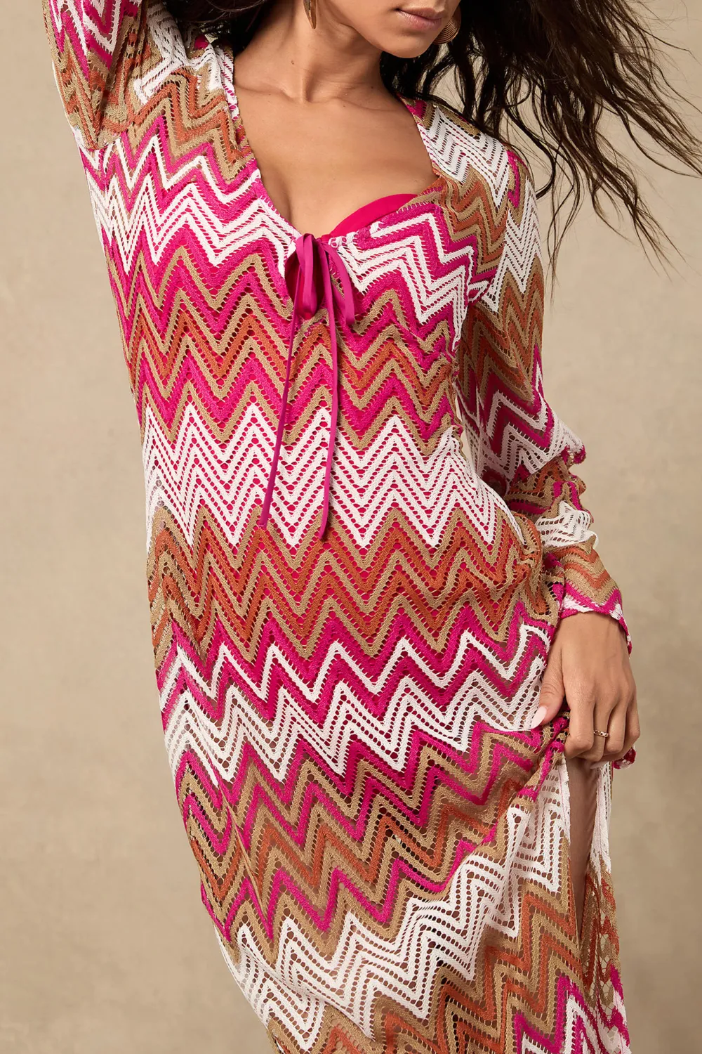 Pink and Tan Multi Chevron Maxi Swim Cover-Up