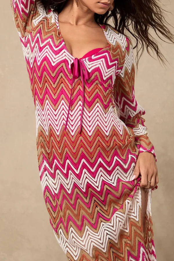 Pink and Tan Multi Chevron Maxi Swim Cover-Up