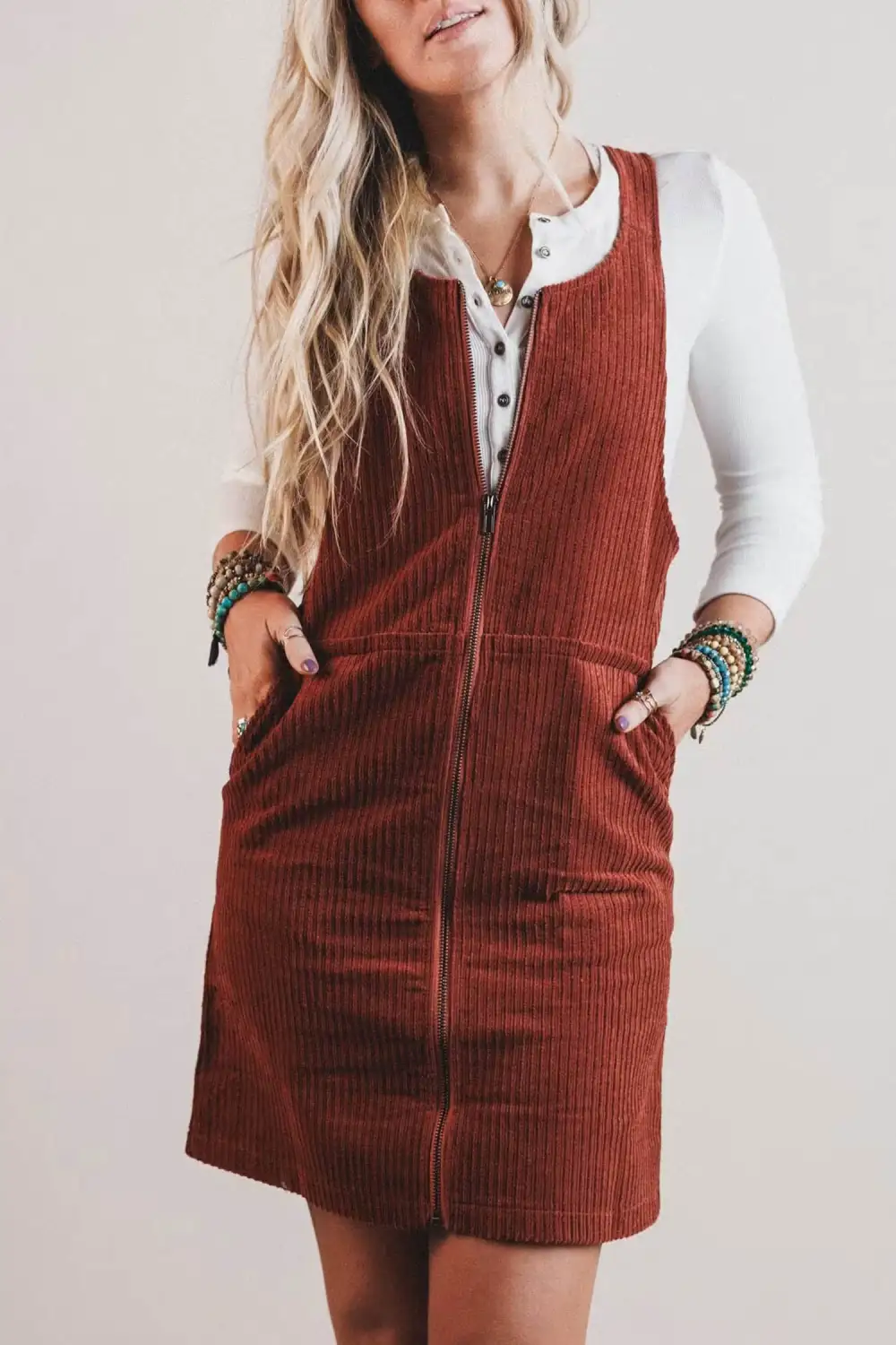 Women's Corduroy Ribbed Knit Sleeveless Zip Front Mini Dress