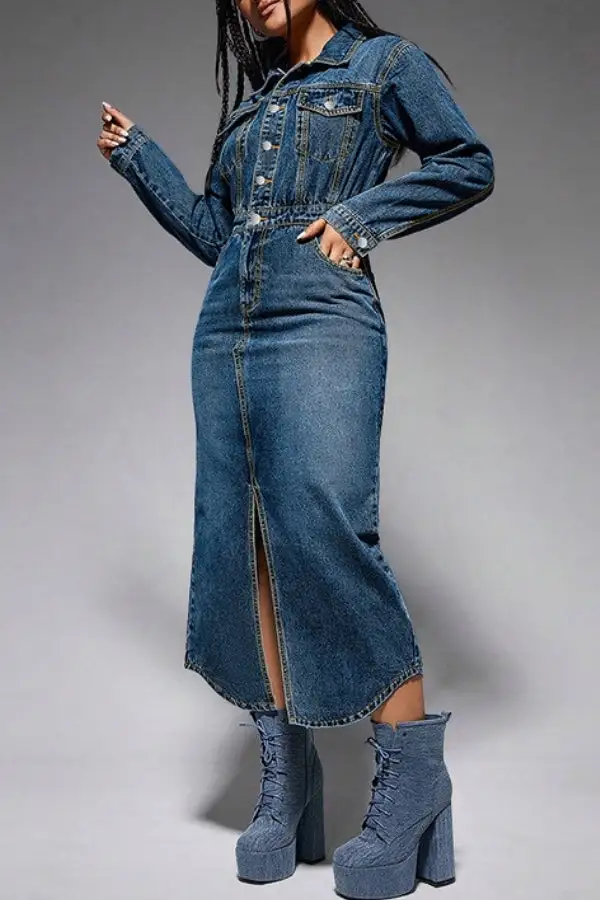 Washed Denim Mid-Slit Midi Dress