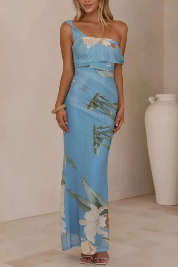 Classic Floral Print One Shoulder Ruched Maxi Dress