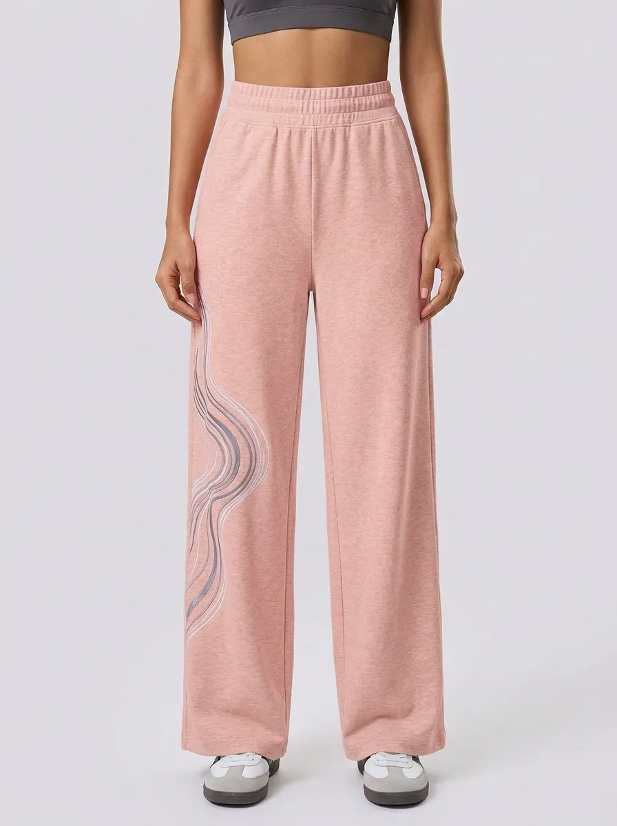 Women's Beige Graphic Print Wide-Leg Sweatpants