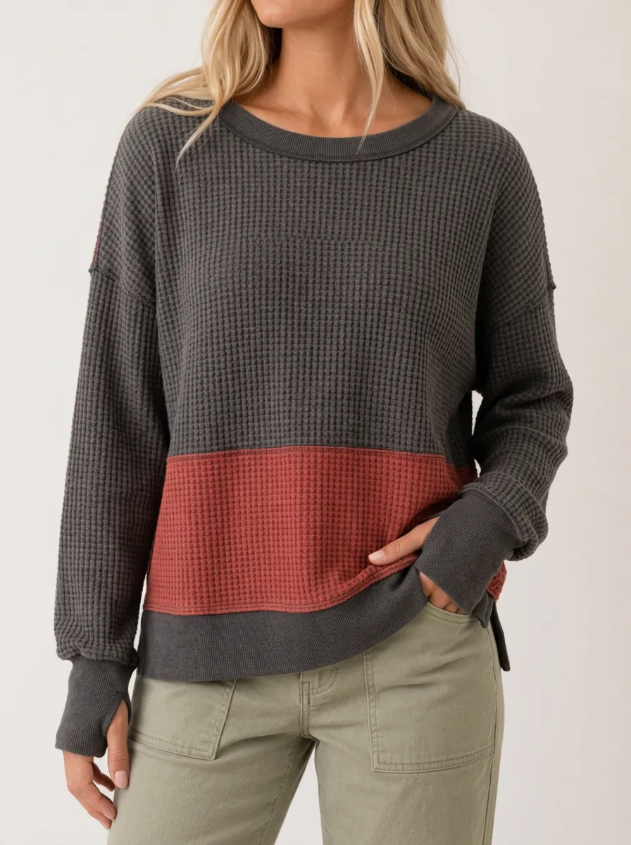 Textured Casual Colorblock Waffle Knit Long Sleeve Top
