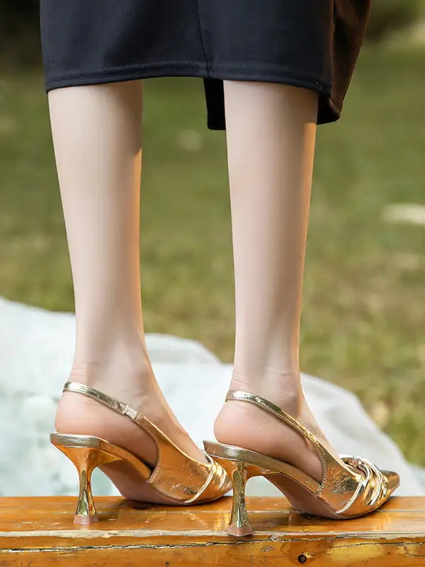 Pleated Pointed-Toe Panel Detail Slingback Heeled Sandals