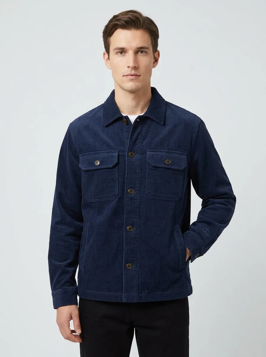 Men's Casual Navy Blue Corduroy Button-Up Jacket