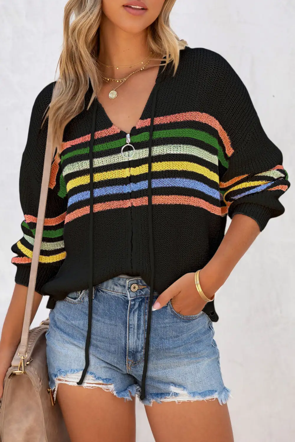 Striped Detail Zip Up Hooded Cardigan