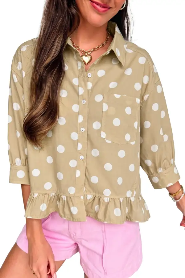 Women's Polka Dot Three Quarter Sleeve Ruffled Blouse