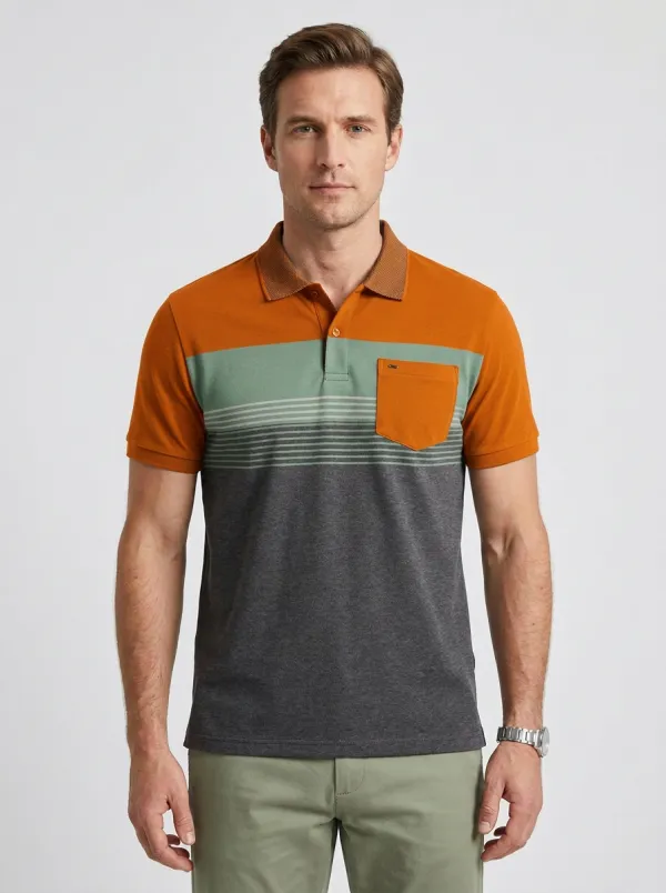 Men's Classic Colorblock Striped Pocket Polo Shirt