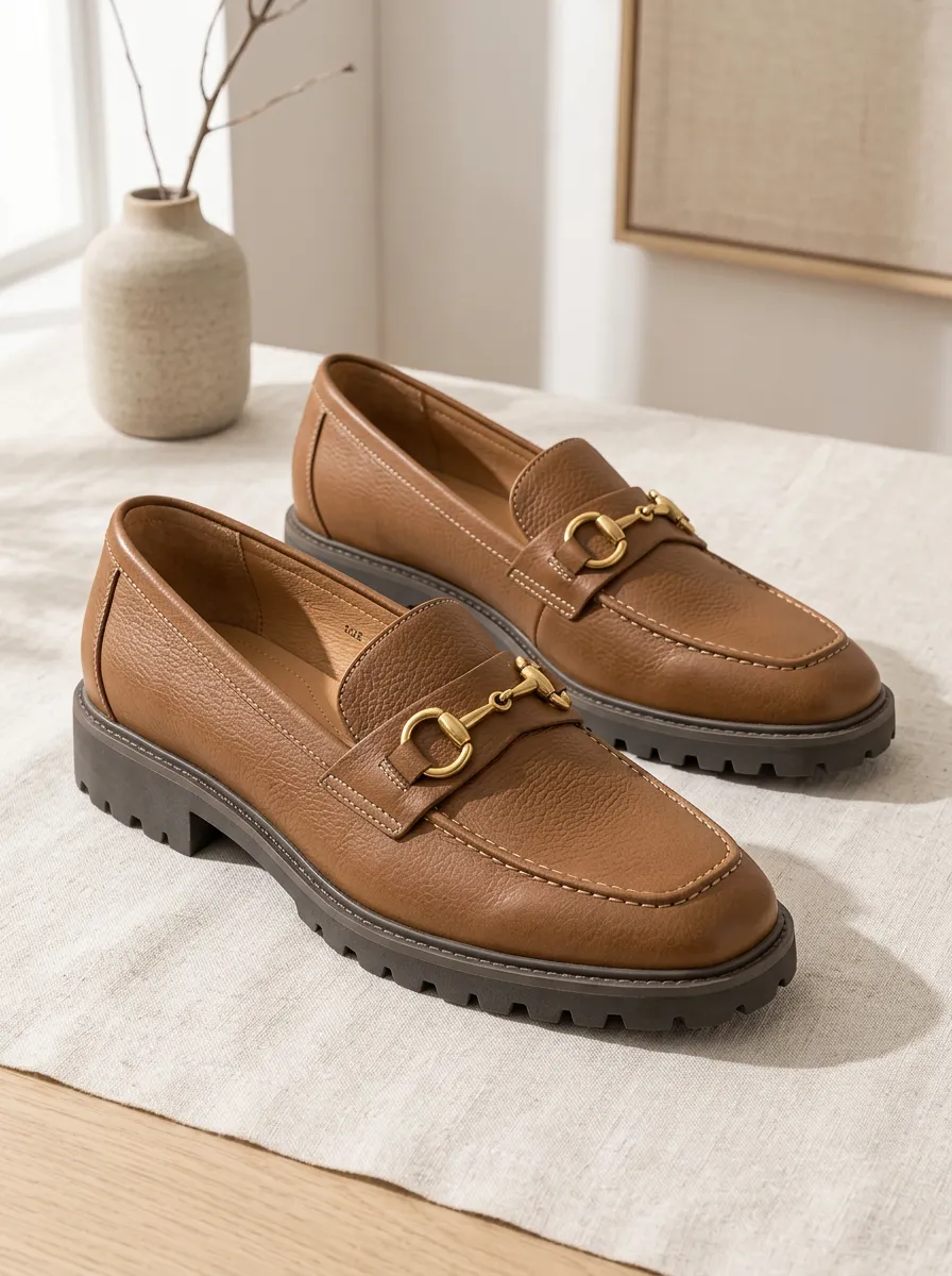 Unisex Brown Leather Gold Horsebit Lug Sole Loafers