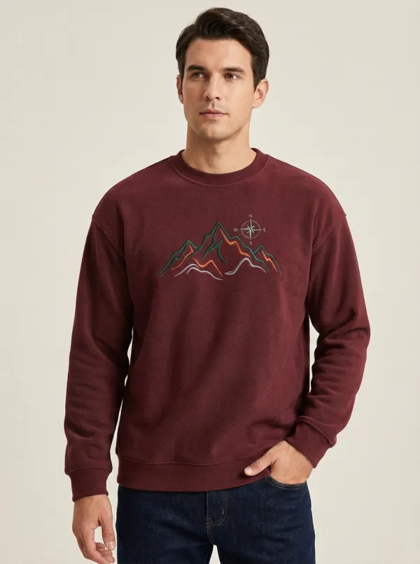 Men's Charcoal Outdoor Mountain Compass Embroidered Fleece Sweatshirt