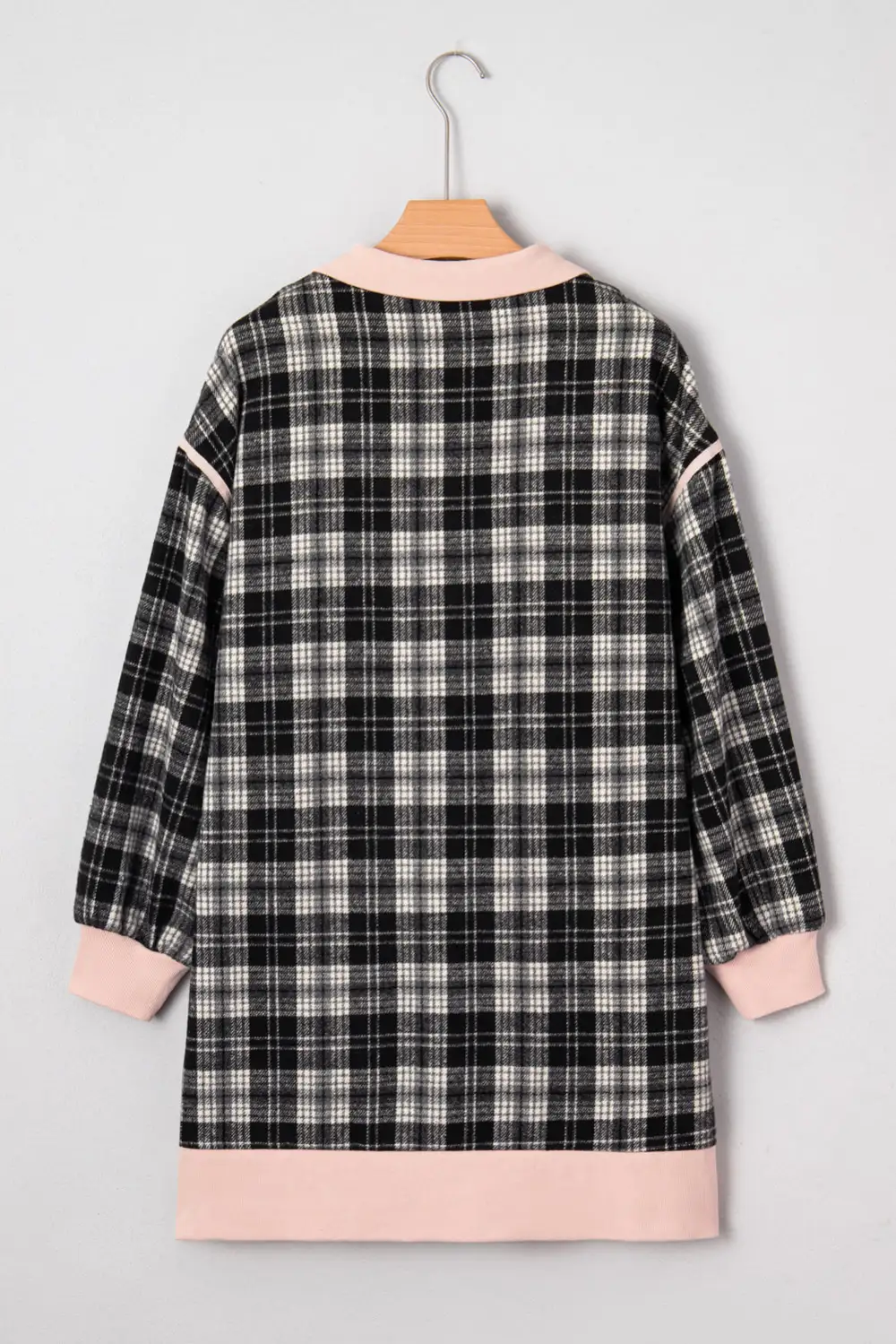 Plaid Polo Collar Zip Up Contrast Trim Shift Long Sleeve Mini Dress