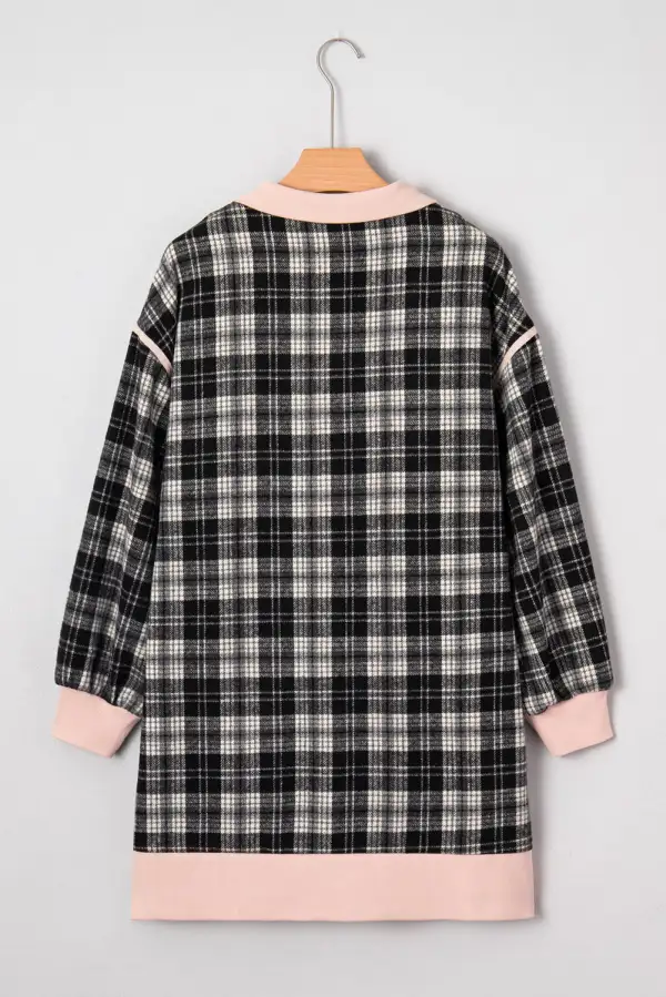 Plaid Polo Collar Zip Up Contrast Trim Shift Long Sleeve Mini Dress