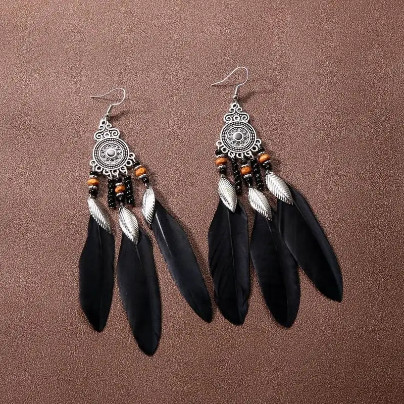 Statement Feather Beaded Tassel Drop Earrings
