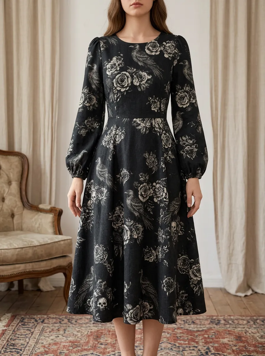 Women's Halloween Gothic Raven Rose Skull Printed Dress