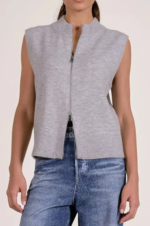 Grey Zip Front Sleeveless Knit Vest