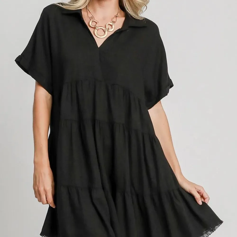 Raw Hem Folded Sleeve Tiered Dress